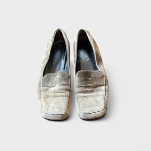 PRADA Women’s Suede Loafers Green Gray Square Toe Slip On Italy Designer 38 7.5